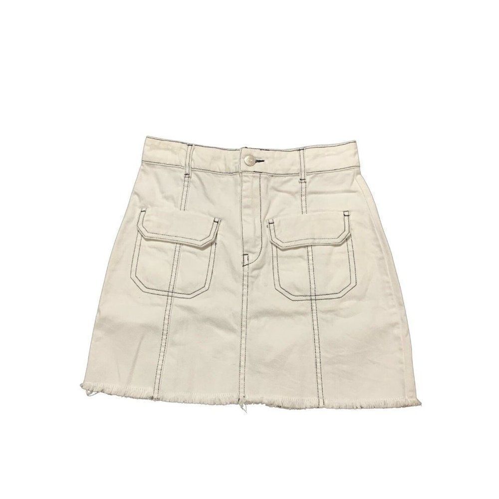 zara womens white black stitch denim jean mini skirt xs